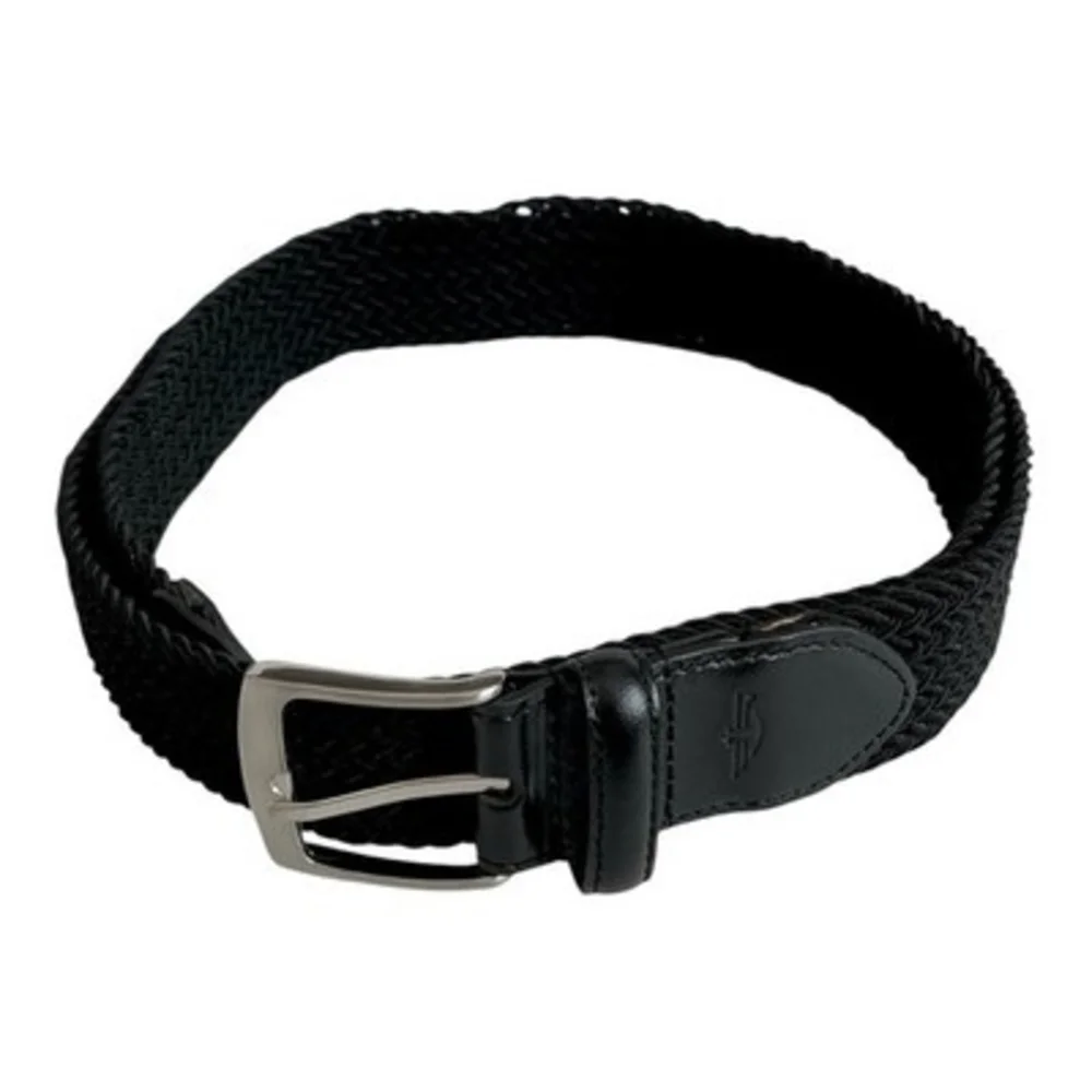 Dockers Men Black Braided Elastic Stretch Belt Silver Buckle Leather Trim 42/105
